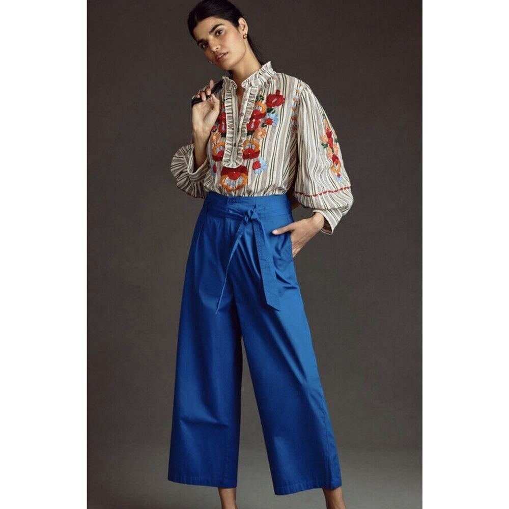Anthropologie Antik Batik Ketty Belted Trousers Size Large Blue